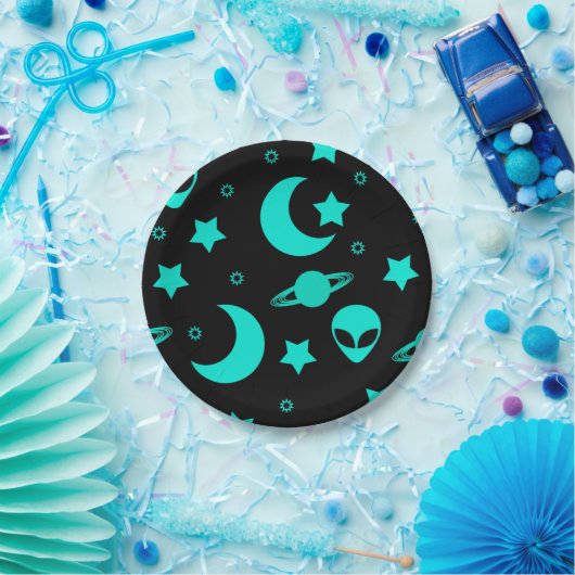 Turquoise buitenaards patroon met sterren en manen papieren bordje (Feest)