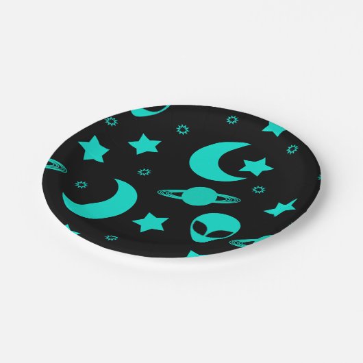 Turquoise buitenaards patroon met sterren en manen papieren bordje (Gekanteld)