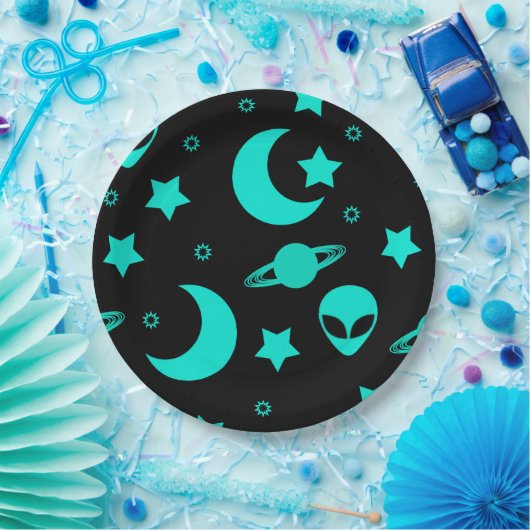 Turquoise buitenaards patroon met sterren en manen papieren bordje (Feest)