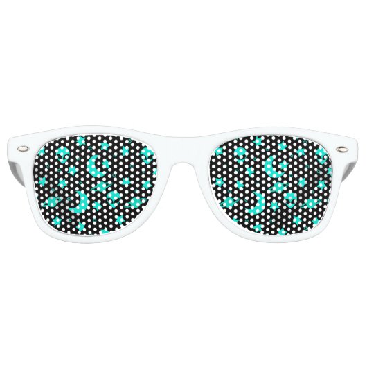 Turquoise buitenaards patroon met sterren en manen retro zonnebril (Voorkant)