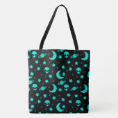 Turquoise buitenaards patroon met sterren en manen tote bag (Voorkant)