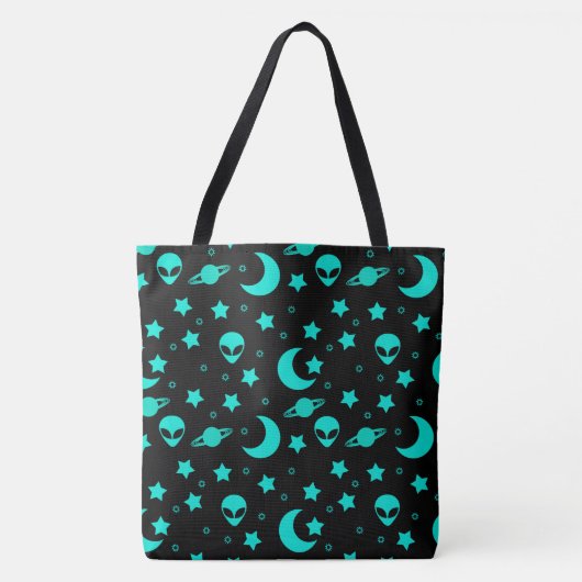 Turquoise buitenaards patroon met sterren en manen tote bag (Voorkant)