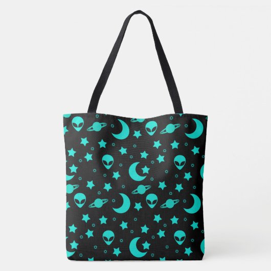Turquoise buitenaards patroon met sterren en manen tote bag (Achterkant)