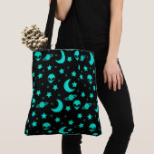 Turquoise buitenaards patroon met sterren en manen tote bag (Dichtbij)