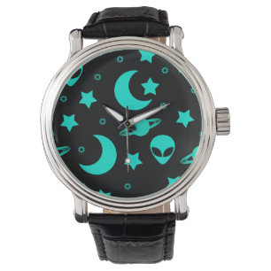 Turquoise Buitenalienerspatroon met Sterren en Man Horloge