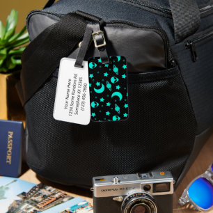 Turquoise Buitenalienpatroon met Sterren en Manen Bagagelabel