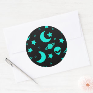 Turquoise Buitenalienpatroon met Sterren en Manen Ronde Sticker