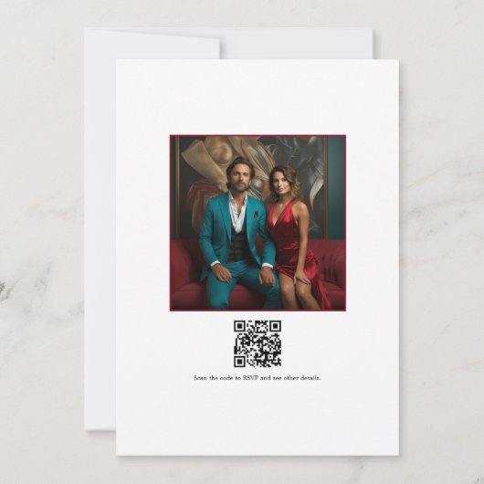 Turquoise & Burgundy Bloemige Trouwfoto QR-code Kaart (Achterkant)