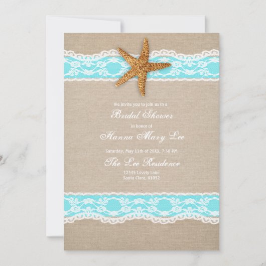 Turquoise Burlap Lace Bridal Shower Invitation Kaart (Voorkant)