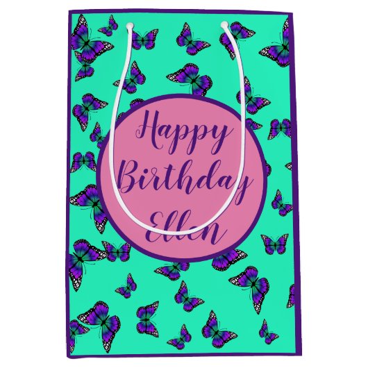 Turquoise cadeautas met paarse vlinders (Voorkant)