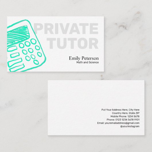 Turquoise Calculator Schets Privé bijlesdocent Wit Visitekaartje (Voorkant / Achterkant)