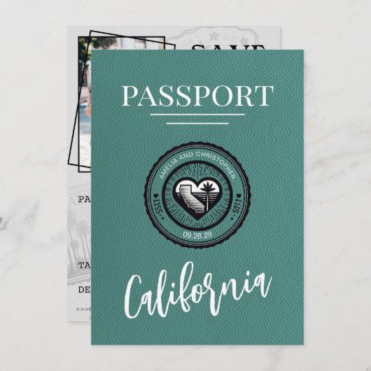 Turquoise California Passport Bewaar de datum Save The Date (Voorkant / Achterkant)