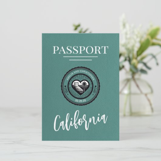 Turquoise California Passport Bewaar de datum Save The Date (Staand voorkant)