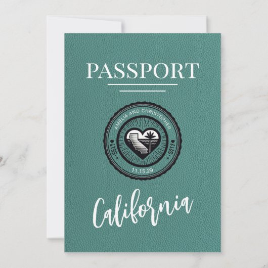 Turquoise California Passport Wedding Kaart (Achterkant)