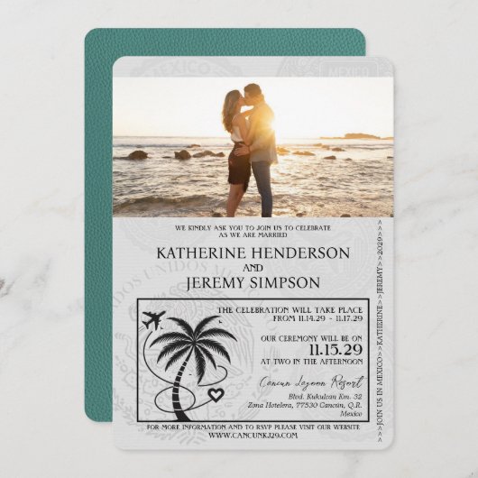 Turquoise Cancun Passport Wedding Kaart (Voorkant / Achterkant)