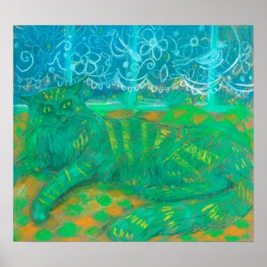 Turquoise Cat Pastel Painting Dierenportret Poster (Voorkant)