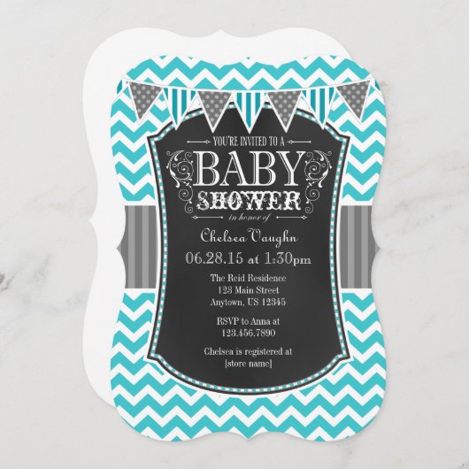 Turquoise Chalkboard Chevron Baby shower Invite Kaart (Voorkant / Achterkant)