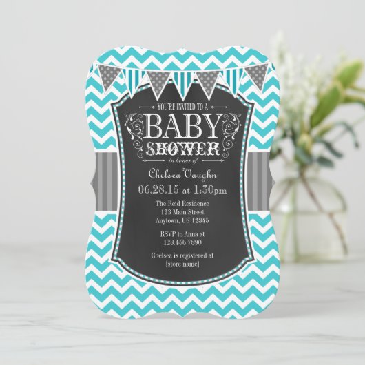 Turquoise Chalkboard Chevron Baby shower Invite Kaart (Staand voorkant)