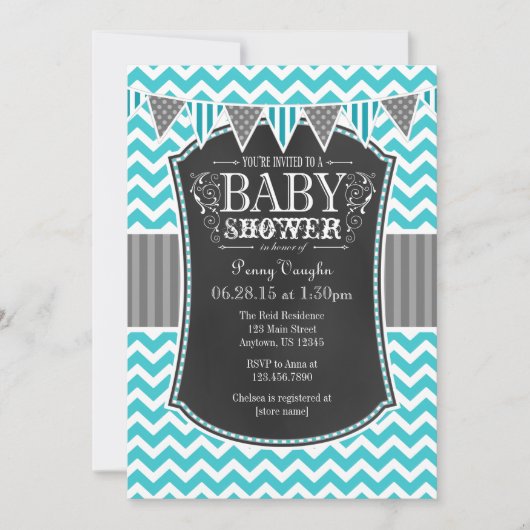 Turquoise Chalkboard Chevron Baby shower Invite Kaart (Voorkant)
