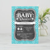 Turquoise Chalkboard Floral Baby shower Invite Kaart (Staand voorkant)
