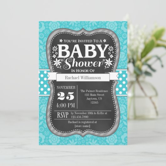 Turquoise Chalkboard Floral Baby shower Invite Kaart (Staand voorkant)