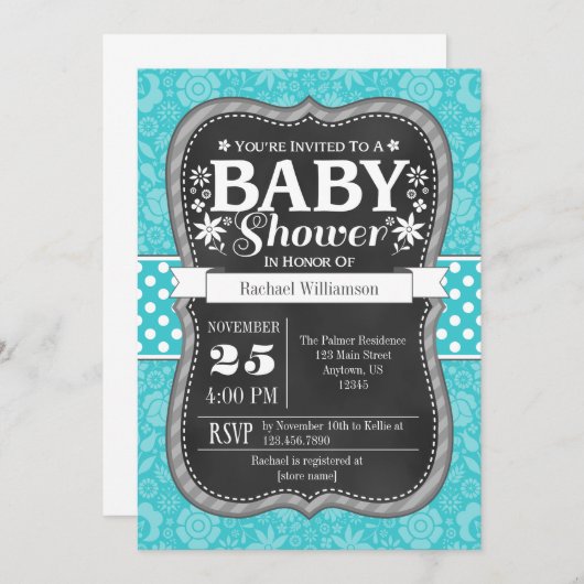 Turquoise Chalkboard Floral Baby shower Invite Kaart (Voorkant / Achterkant)