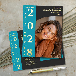 Turquoise Charcoal Modern Graduation Party Folie Uitnodiging Briefkaart