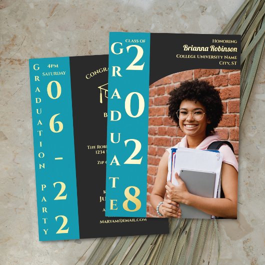 Turquoise Charcoal Photo Modern Graduation Party Folie Uitnodiging
