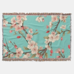 Turquoise Cherry Blossom Throw Blanket Deken