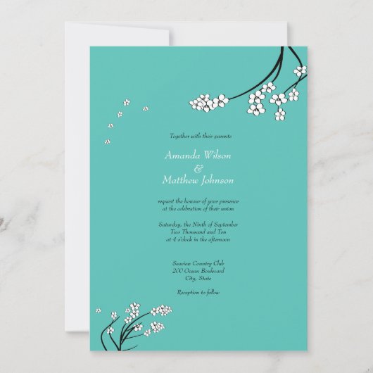 Turquoise Cherry Blossom Wedding Invitations Kaart (Voorkant)