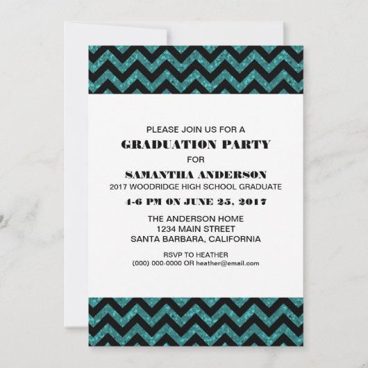 Turquoise Chevron Glitter Graduation Party Invite Kaart (Voorkant)