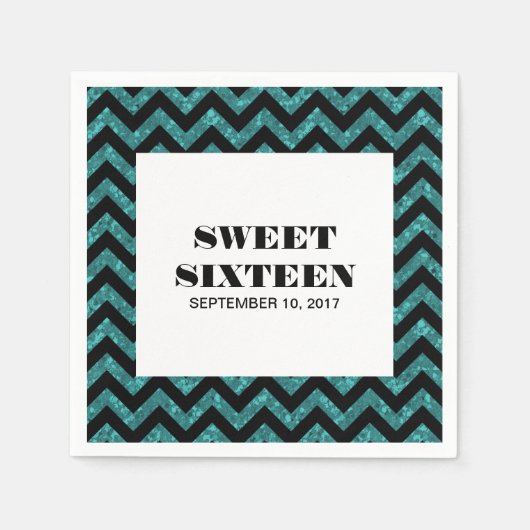 Turquoise Chevron Glitter Sweet 16 Paper Napkins Servetten (Voorkant)