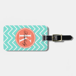 Turquoise Chevron met Oranje monogram Bagagelabel