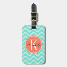 Turquoise Chevron met Oranje monogram Bagagelabel
