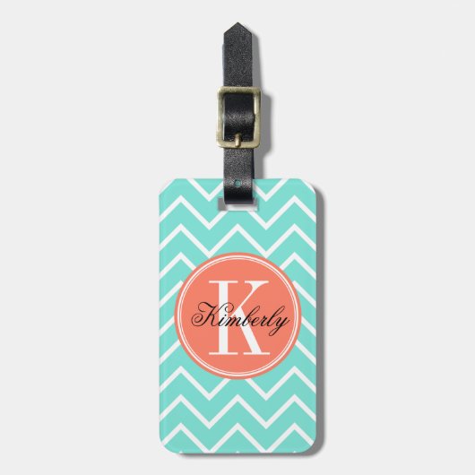 Turquoise Chevron met Oranje monogram Bagagelabel (Voorkant verticaal)