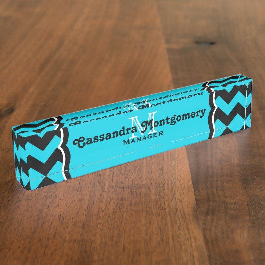 Turquoise chevron monogram classy naambordje (Zijkant)
