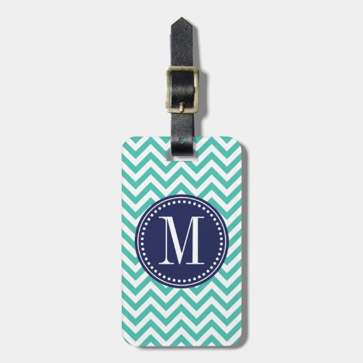 Turquoise Chevron Zigzag Gepersonaliseerd Monogram Bagagelabel (Voorkant verticaal)
