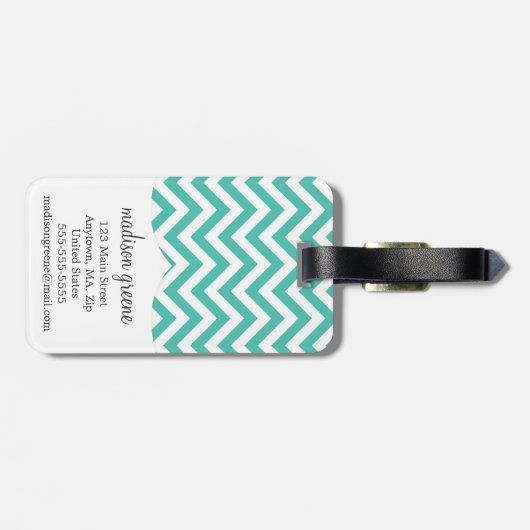 Turquoise Chevron Zigzag Gepersonaliseerd Monogram Bagagelabel (Achterkant horizontaal)