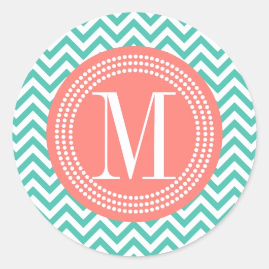Turquoise Chevron Zigzag Gepersonaliseerd Monogram Ronde Sticker (Voorkant)