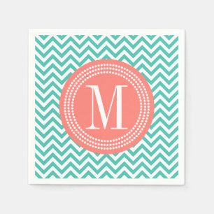 Turquoise Chevron Zigzag Gepersonaliseerd Monogram Servet