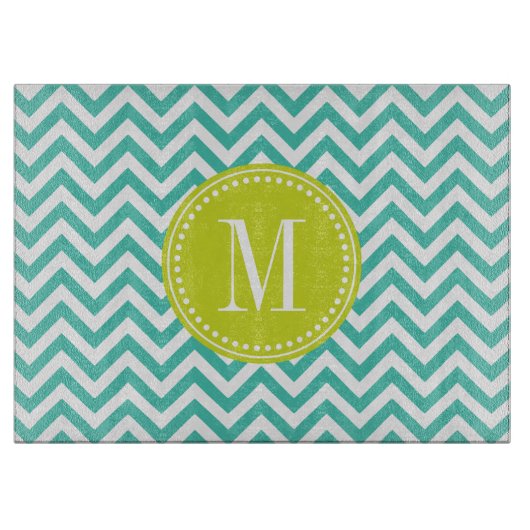 Turquoise Chevron Zigzag Gepersonaliseerd Monogram Snijplank (Voorkant)