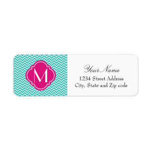 Turquoise Chevron Zigzag Stripes met monogram Etiket