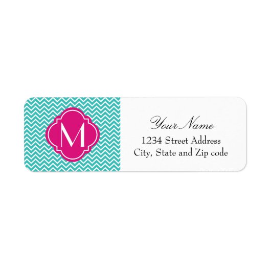 Turquoise Chevron Zigzag Stripes met monogram Etiket (Voorkant)