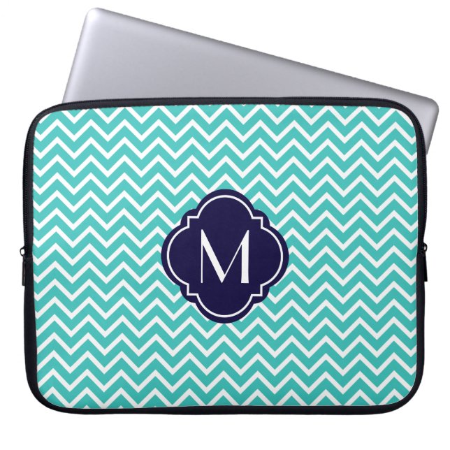 Turquoise Chevron Zigzag Stripes met monogram Laptop Sleeve (Voorkant)