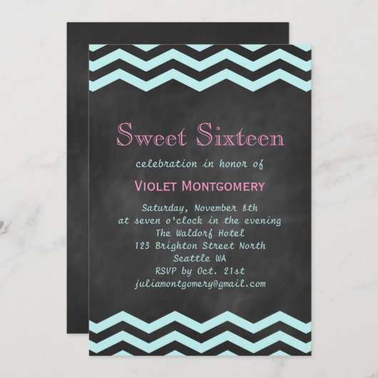 Turquoise Chevrons op Chalkboard Sweet 16 Invite Kaart (Voorkant / Achterkant)