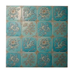 Turquoise Chinoiserie Reliëf Patroon Keramische Te Tegeltje