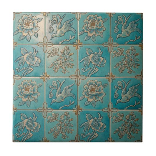 Turquoise Chinoiserie Relief Pattern Ceramic Tile Tegeltje (Voorkant)