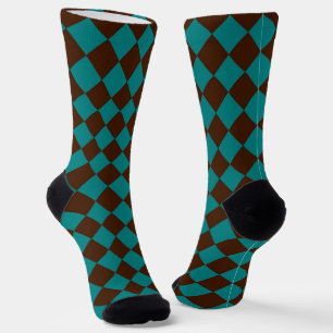 Turquoise Chocolade Bruin Geruit Diamant Patroon Sokken