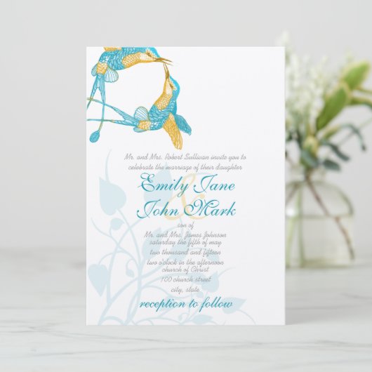Turquoise Citrus Yellow Hummingbird Kiss Wedding Kaart (Staand voorkant)