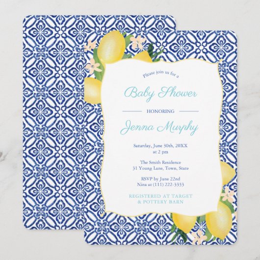 Turquoise Classic Blue Tegels Lemons Baby shower Kaart (Voorkant / Achterkant)